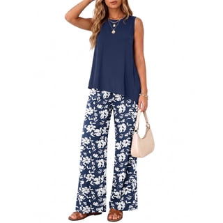 Anygrew Women's 2 Piece Matching Lounge Sets Summer Outfits Tracksuit Asymmetrical Split Tank Tops Wide Leg Pants With Pockets