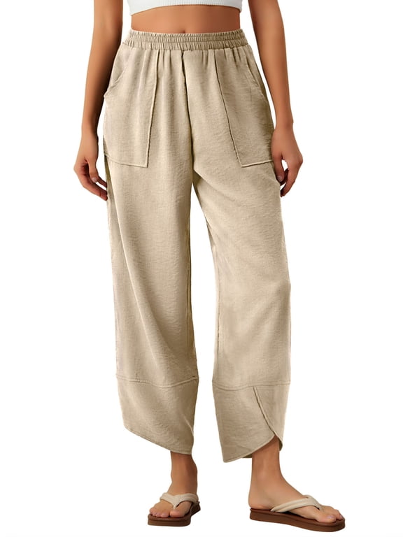 Womens Baggy Wide Leg Pants Elastic Waisted Casual Palazzo Harem Pants Summer Beach Trousers with Pockets S-XXL