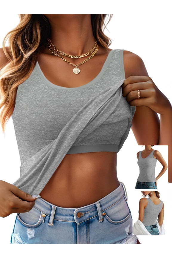 Womens Built in Bra Tank Tops Summer Casual Cami Tanks Wide Strap Camisole