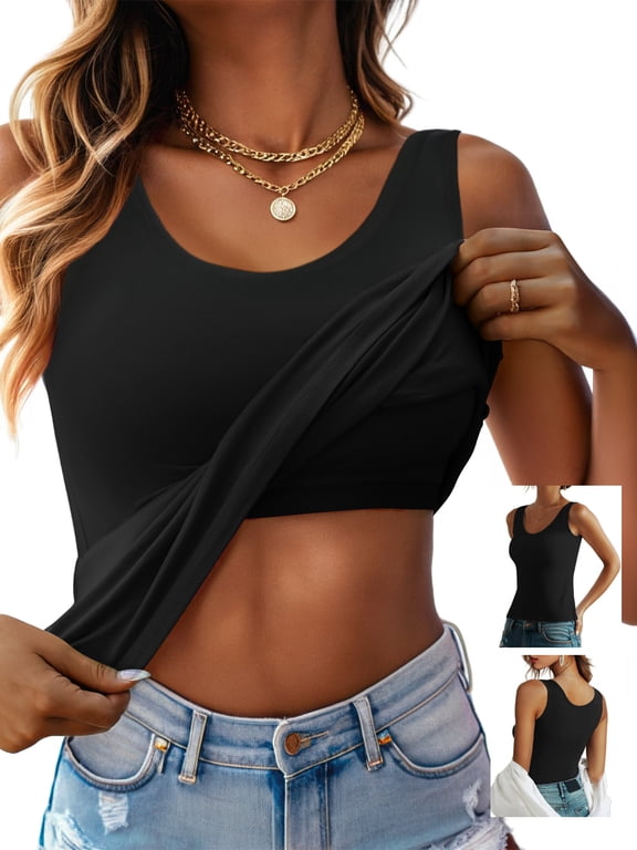 Womens Built in Bra Tank Tops Summer Casual Cami Tanks Wide Strap Camisole