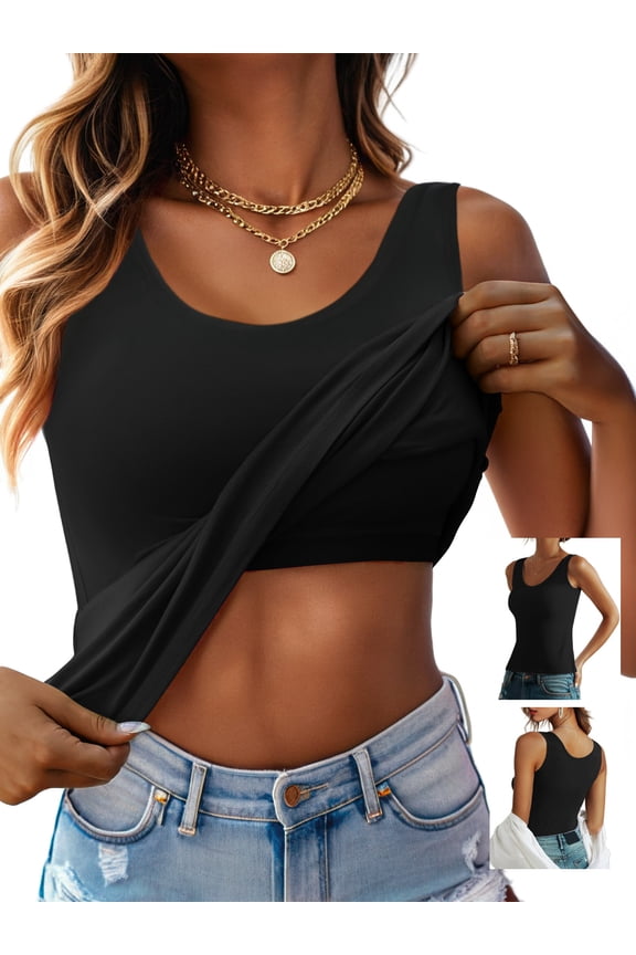 Womens Built in Bra Tank Tops Summer Casual Cami Tanks Wide Strap Camisole