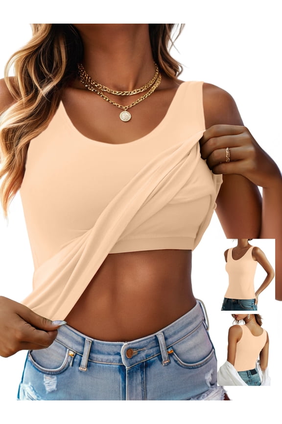 Womens Built in Bra Tank Tops Summer Casual Cami Tanks Wide Strap Camisole