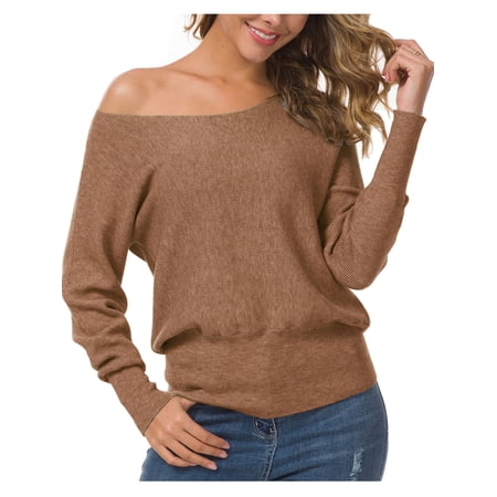 Anygrew Womens Off Shoulder Sweater Pullover Sweater For Women Knit Jumper,Dark Khaki