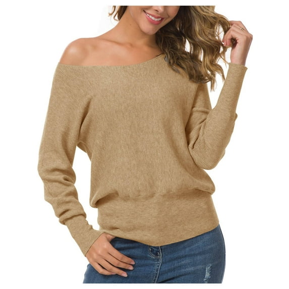 Anygrew Womens Off Shoulder Sweater Pullover Sweater For Women Knit Jumper,Khaki
