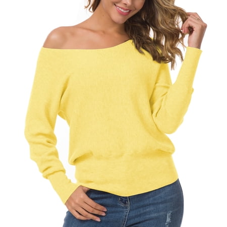 Anygrew Womens Off Shoulder Sweater Pullover Sweater For Women Knit Jumper,Lemon Yellow