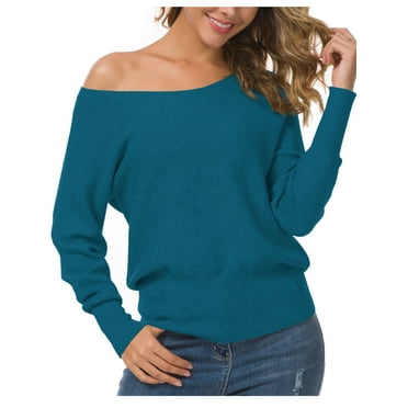 Anygrew Womens Off Shoulder Sweater Pullover Sweater For Women Knit Jumper,Peacock blue