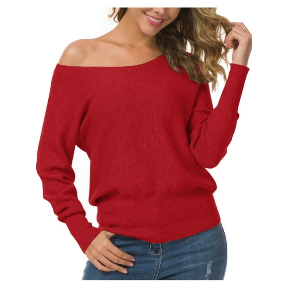 Anygrew Womens Off Shoulder Sweater Pullover Sweater For Women Knit Jumper,Red