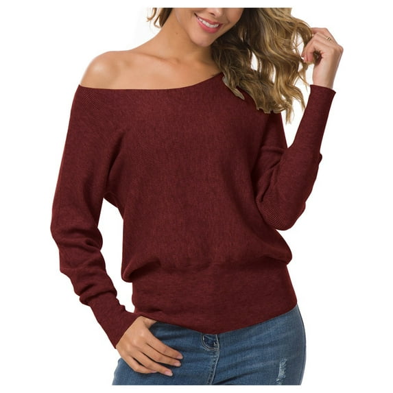 Anygrew Womens Off Shoulder Sweater Pullover Sweater For Women Knit Jumper,Wine Red