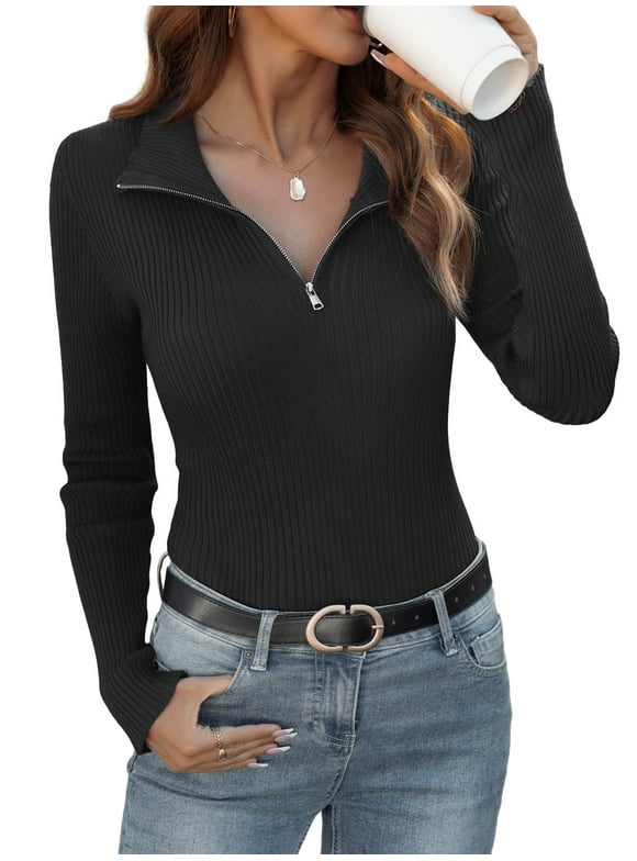Womens Sweater Long Sleeve Knit 2025 Fall Quarter Zip Fitted Business Casual Work Warm Pullover Tops