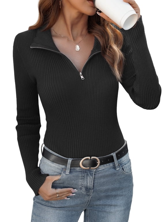 Womens Sweater Long Sleeve Knit 2025 Fall Quarter Zip Fitted Business Casual Work Warm Pullover Tops