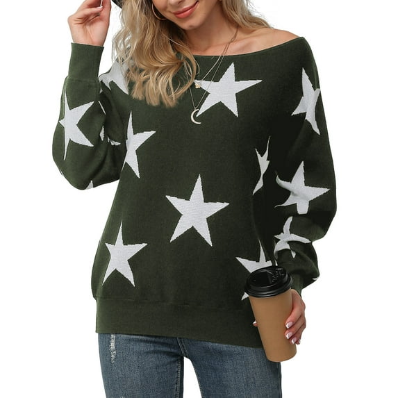 Anygrew Womens Pullover Sweater Off Shoulder Sweater Knit Jumper,FP Star Army Green