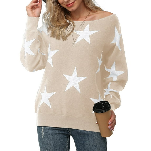 Anygrew Womens Pullover Sweater Off Shoulder Sweater Knit Jumper,FP Star Beige