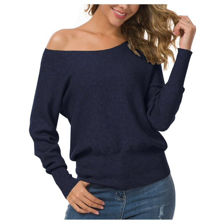 Anygrew Womens Off Shoulder Sweater Pullover Sweater for Women Knit Jumper Navy Blue Women s Size 2XL