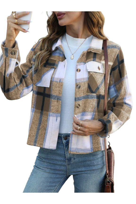Womens Shacket Plaid Shirts Flannel Shacket Jacket Long Sleeve Button Down Shirt Trendy Fall Outfits for Women Coats
