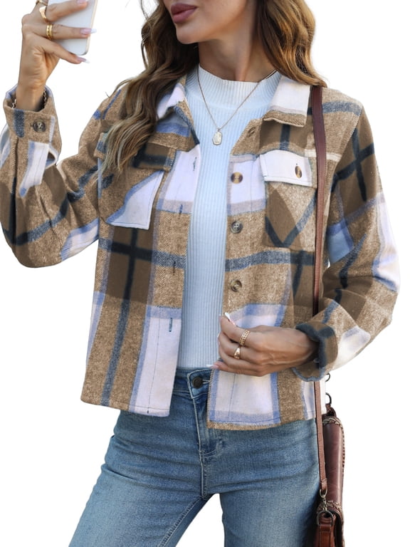 Womens Shacket Plaid Shirts Flannel Shacket Jacket Long Sleeve Button Down Shirt Trendy Fall Outfits for Women Coats