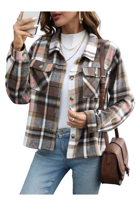 Womens Shacket Plaid Shirts Flannel Shacket Jacket Long Sleeve Button Down Shirt Trendy Fall Outfits for Women Coats