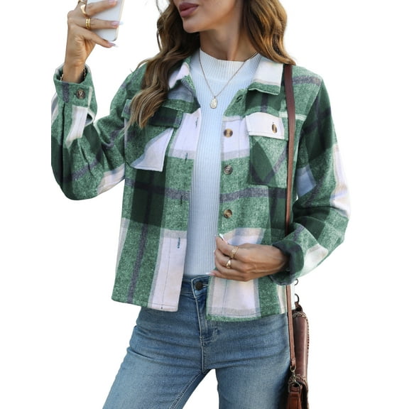Anygrew Womens Shacket Plaid Shirts Flannel Shacket Jacket Long Sleeve Button Down Shirt Trendy Fall Outfits for Women Coats