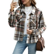 Anygrew Womens Shacket Plaid Shirts Flannel Shacket Jacket Long Sleeve Button Down Shirt Trendy Fall Outfits for Women Coats
