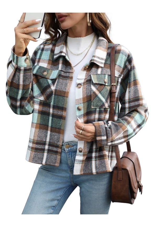 Womens Shacket Plaid Shirts Flannel Shacket Jacket Long Sleeve Button Down Shirt Trendy Fall Outfits for Women Coats
