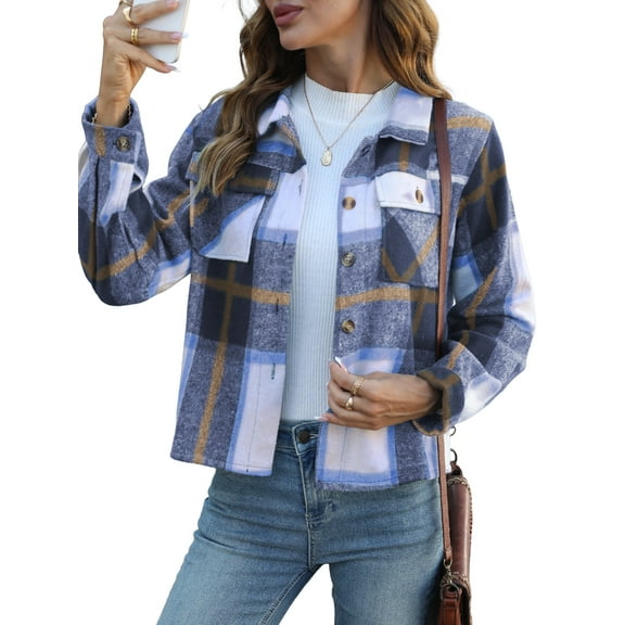Anygrew Womens Shacket Plaid Shirts Flannel Shacket Jacket Long Sleeve Button Down Shirt Trendy Fall Outfits for Women Coats