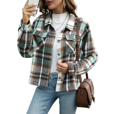 Anygrew Womens Shacket Plaid Shirts Flannel Shacket Jacket Long Sleeve Button Down Shirt Trendy Outfits for Women Coats