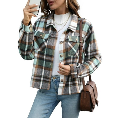 Anygrew Womens Shacket Plaid Shirts Flannel Shacket Jacket Long Sleeve Button Down Shirt Trendy Fall Outfits for Women Coats