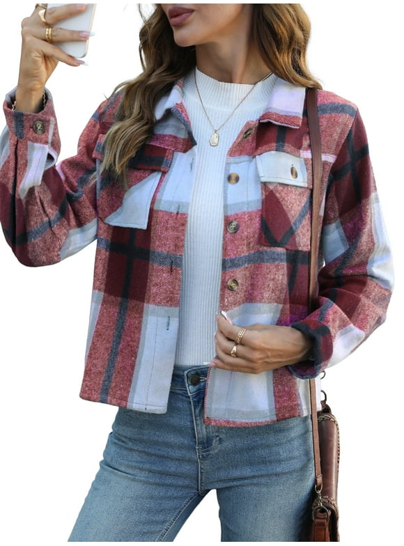 Womens Shacket Plaid Shirts Flannel Shacket Jacket Long Sleeve Button Down Shirt Trendy Fall Outfits for Women Coats