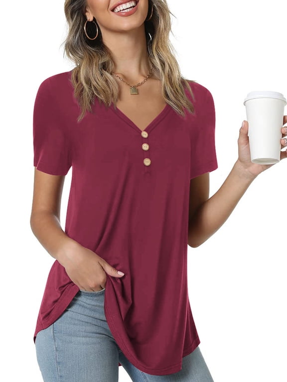 Womens Summer Short Sleeve Tunic Tops Loose Fit Casual Blouses