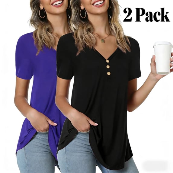 Anygrew 2 Packs Womens Summer Short Sleeve Tunic Tops Loose Fit Casual Blouses