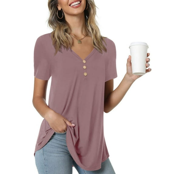 Anygrew Womens Summer Short Sleeve Tunic Tops Loose Fit Casual Blouses