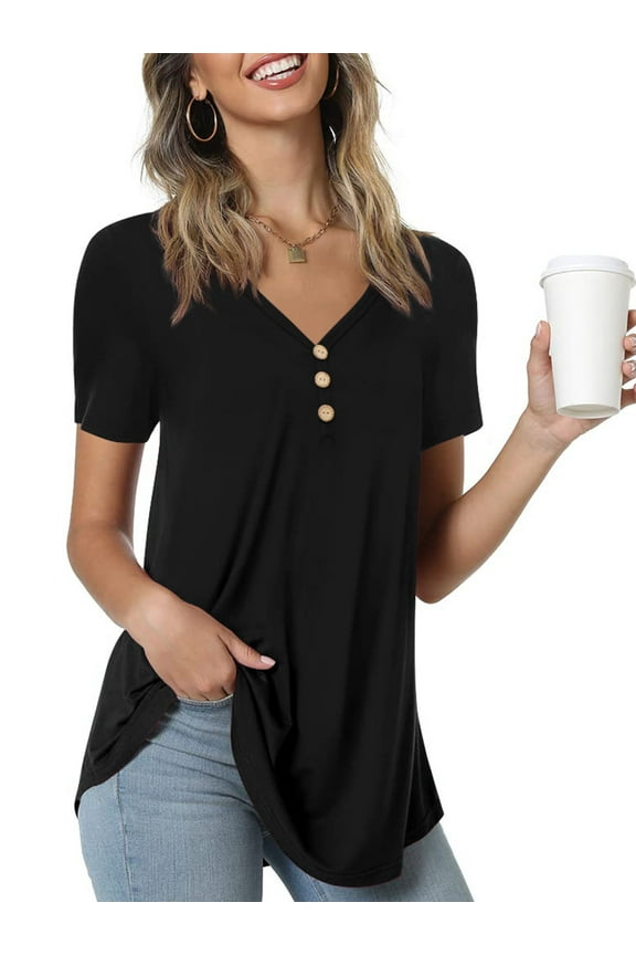Womens Summer Short Sleeve Tunic Tops Loose Fit Casual Blouses