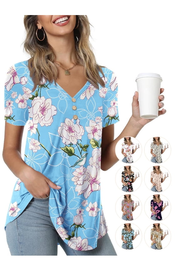 Womens Summer Short Sleeve Tunic Tops Loose Fit Casual Blouses