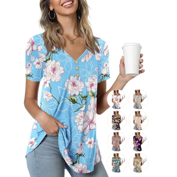 Anygrew Womens Summer Short Sleeve Tunic Tops Loose Fit Casual Blouses