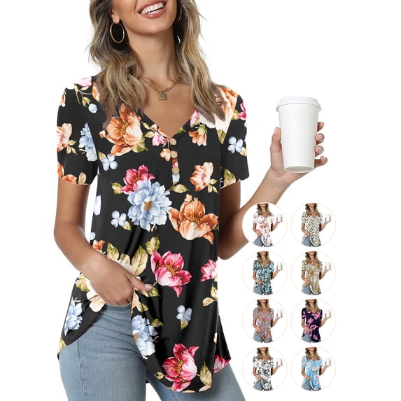 Anygrew Womens Summer Short Sleeve Tunic Tops Loose Fit Casual Blouses