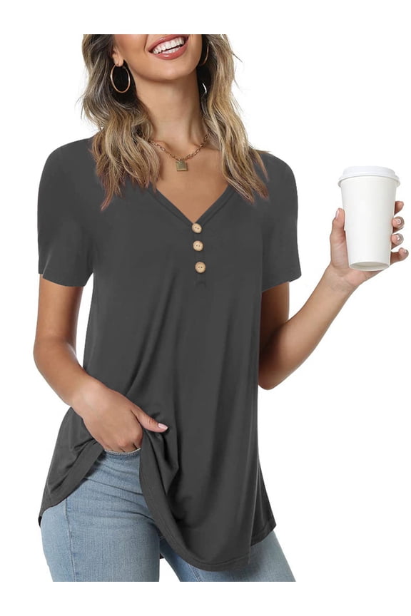 Womens Summer Short Sleeve Tunic Tops Loose Fit Casual Blouses