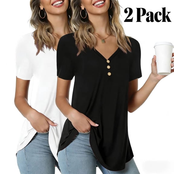 Anygrew 2 Packs Womens Summer Short Sleeve Tunic Tops Loose Fit Casual Blouses