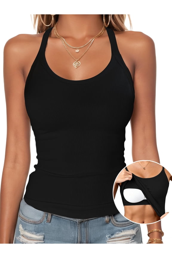 Womens Tank Tops with Built in Bra Summer Adjustable Spaghetti Straps Camisole Ribbed Cami Tanks