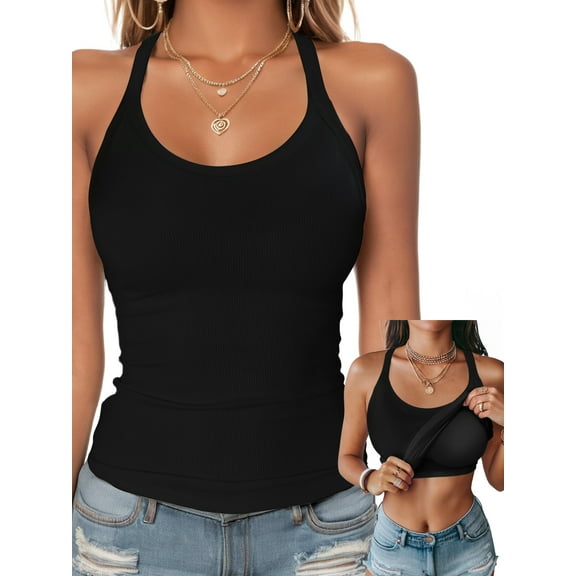 Anygrew Womens Tank Tops with Built in Bra Summer Adjustable Spaghetti Straps Camisole Ribbed Cami Tanks
