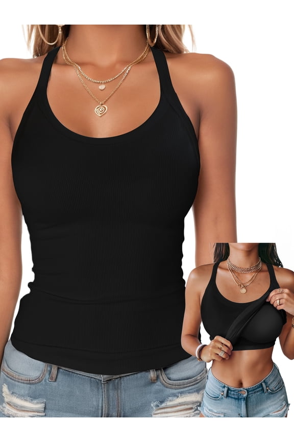 Womens Tank Tops with Built in Bra Summer Adjustable Spaghetti Straps Camisole Ribbed Cami Tanks