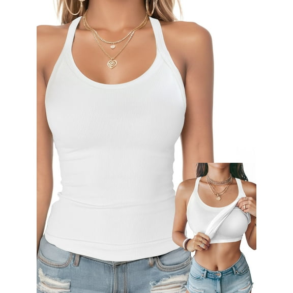 Anygrew Womens Tank Tops with Built in Bra Summer Adjustable Spaghetti Straps Camisole Ribbed Cami Tanks