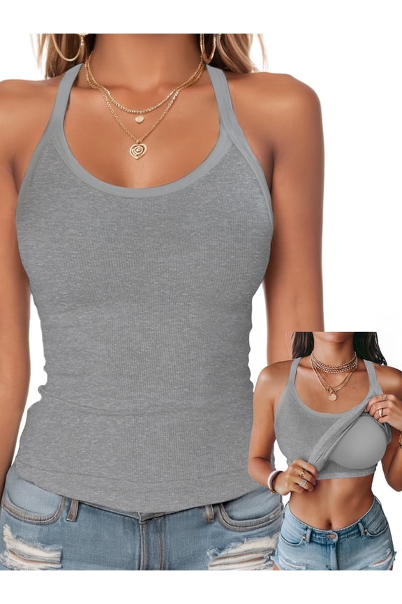 Womens Tank Tops with Built in Bra Summer Adjustable Spaghetti Straps Camisole Ribbed Cami Tanks