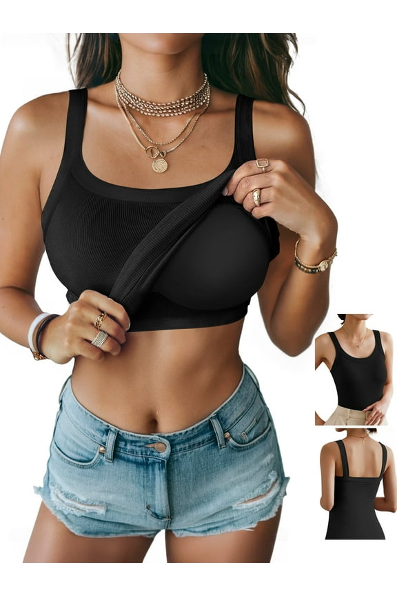 Womens Tank Tops with Built in Shelf Bra Basic Stretchy Padded Camisole Casual Layering Tanks Undershirt Black-White-Gray-Coffee