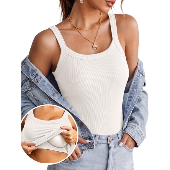Anygrew Women's Tank Top with Built in Bra Ribbed Camisole Summer Scoop Neck Basic Cami Tanks Undershirt Black-White-Gray-Coffee