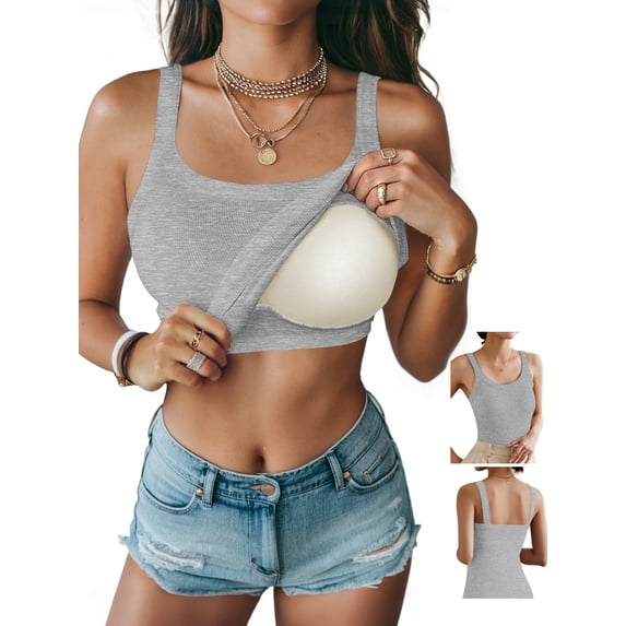 Anygrew Womens Tank Tops with Built in Shelf Bra Basic Stretchy Padded Camisole Casual Layering Tanks Undershirt Black-White-Gray-Coffee