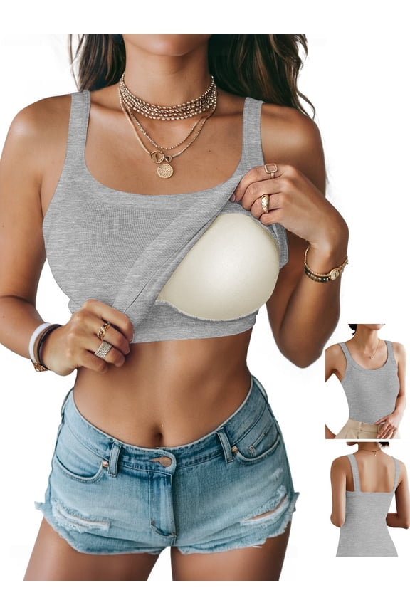 Women's Tank Top with Built in Bra Ribbed Camisole Summer Scoop Neck Basic Cami Tanks Undershirt Black-White-Gray-Coffee