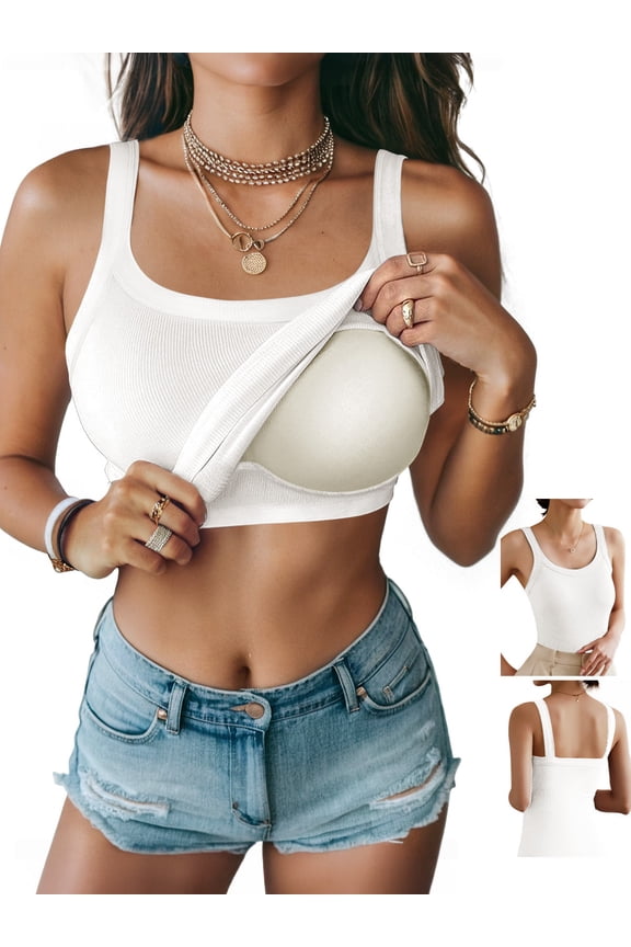 Womens Tank Tops with Built in Shelf Bra Basic Stretchy Padded Camisole Casual Layering Tanks Undershirt Black-White-Gray-Coffee
