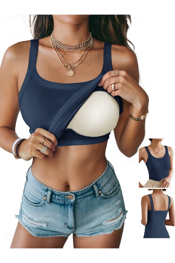 Womens Tank Tops with Built in Shelf Bra Basic Stretchy Padded Camisole Casual Layering Tanks Undershirt Black-White-Gray-Coffee