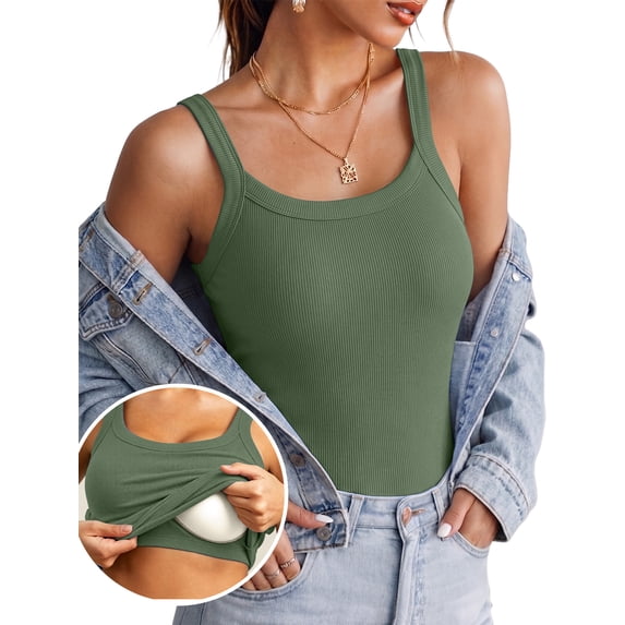 Anygrew Women's Tank Top with Built in Bra Ribbed Camisole Summer Scoop Neck Basic Cami Tanks Undershirt