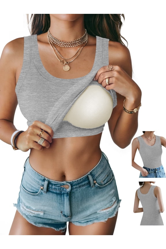 Womens Tank Tops with Built in Shelf Bra Basic Stretchy Padded Camisole Casual Layering Tanks Undershirt Black-White-Gray-Coffee