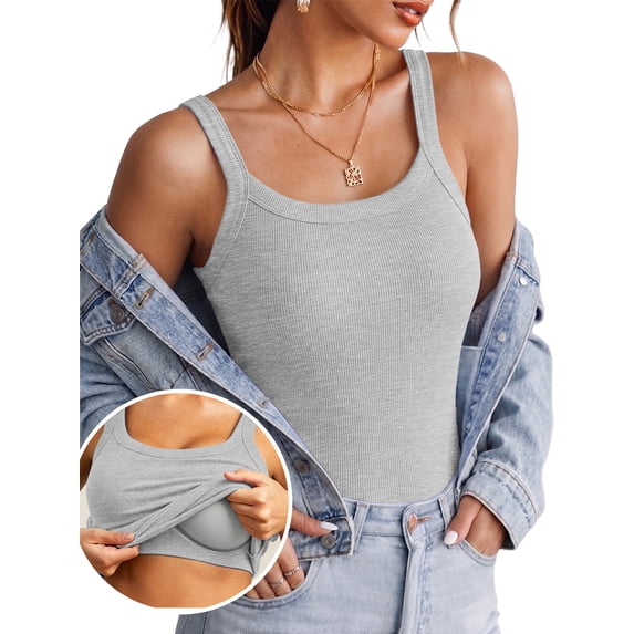 Anygrew Women's Tank Top with Built in Bra Ribbed Camisole Summer Scoop Neck Basic Cami Tanks Undershirt Black-White-Gray-Coffee